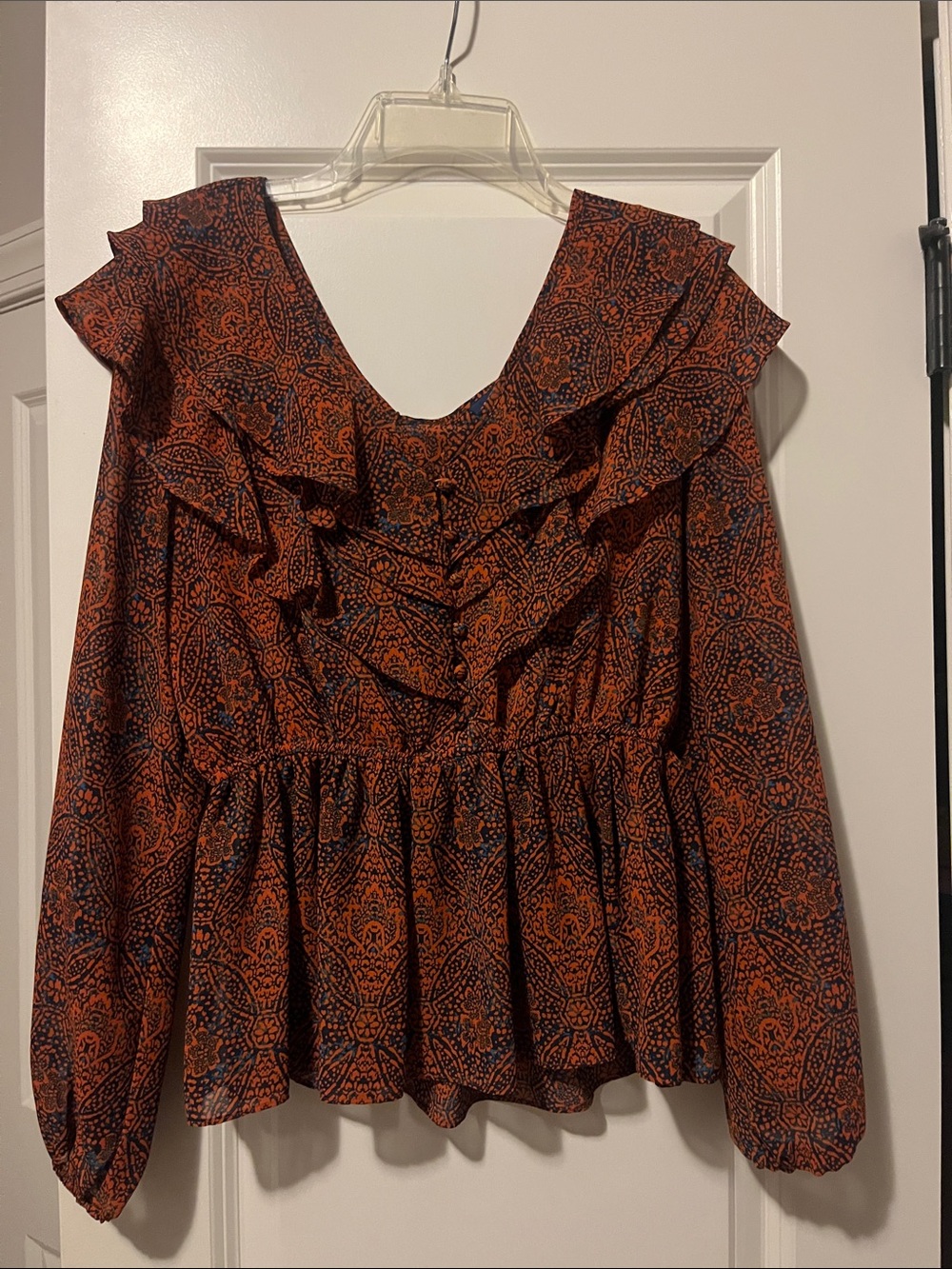 Ruffled Long-Sleeve Blouse in Rust Paisley